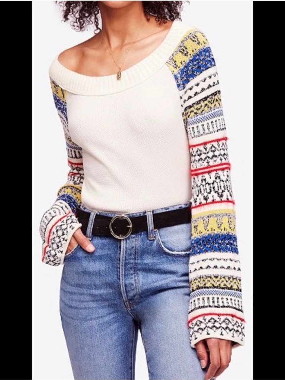 Free People Cream Pullover with Patterned Blue, Yellow & Red Sleeves